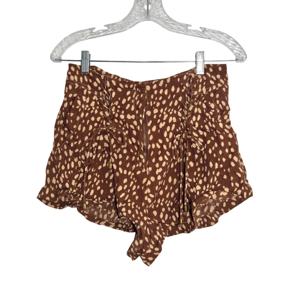 Free People Sz 6 Brown Spotted Lace Up Ruffle Hem Cotton Lounge Shorts Womens